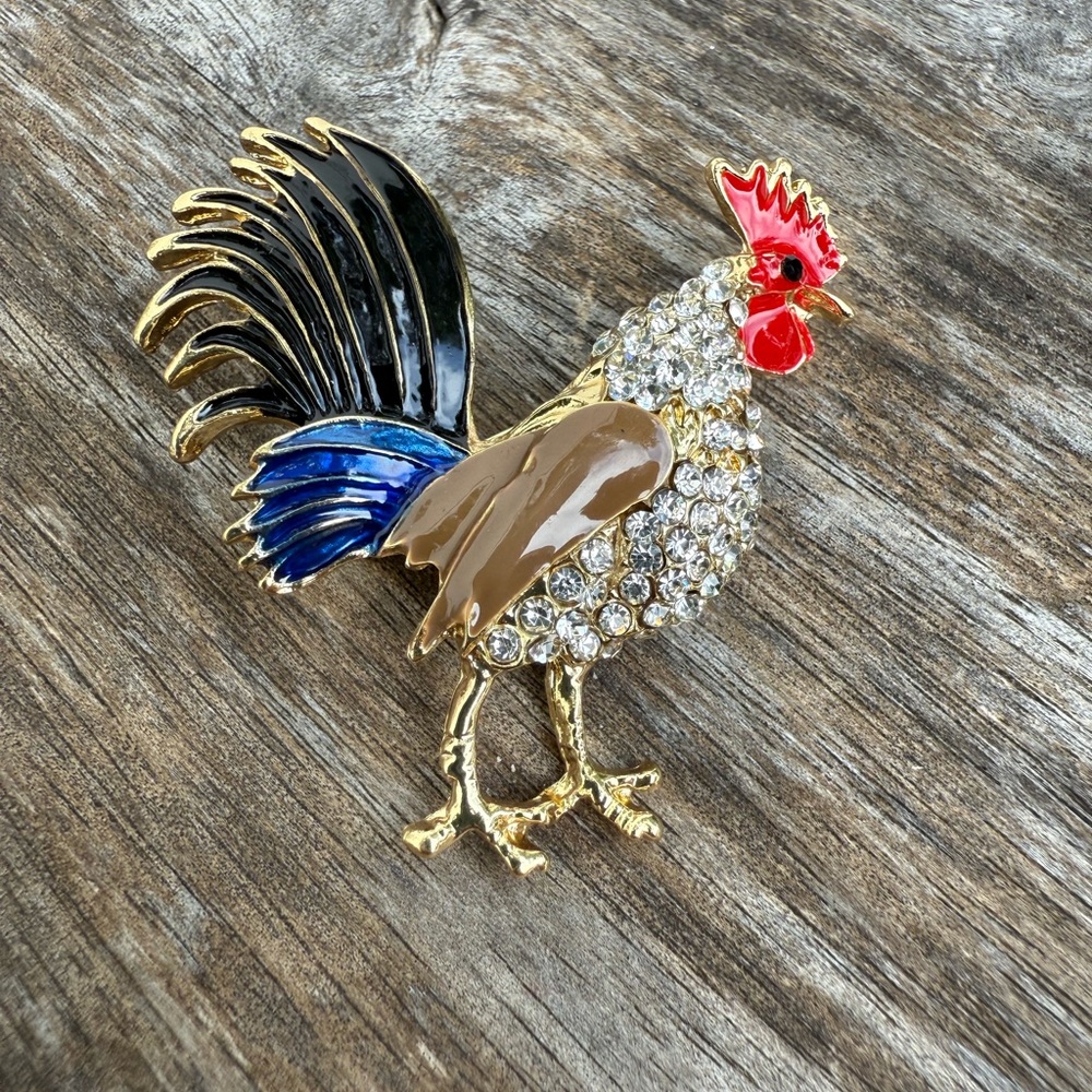 Vintage Rooster Brooch Enamel On Metal Rhinestones‎ Farmhouse Chic Boho Western